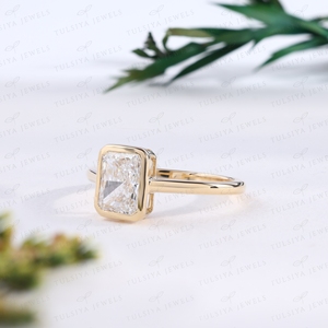 Elegant Radiant Cut Diamond <b>Ring</b> Thick Bezel Border <b>Plain</b> Gold Band Promise <b>Ring</b> Minimalist Anniversary Jewelry Gift - Product Image 2