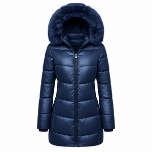 <b>Women's</b> Long Quilted Winter <b>Jacket</b> With Fur Trim Hood Full Sleeve Zipper Closure <b>Navy</b> Blue - Product Image 1