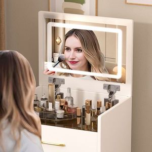 Tocador de Maquillaje Compacto de 3 Cajones con Espejo Superior Abierto, Escritorio Pequeño con Superficie de Vidrio Visible, 1 Tocador para Dormitorio - Product Image 5