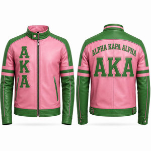 Chaqueta Bomber de Cuero PU Rosa Bordada con el Logotipo de Alpha Kapa Alpha AKA, Cuello Camisero, Cierre de Cremallera, Unisex - Product Image 4