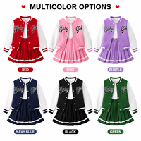 Ensemble 3 pièces pour bébé fille : veste universitaire à manches contrastantes et imprimé lettres, jupe plissée à ourlet rayé uni, en tissu de coton doux