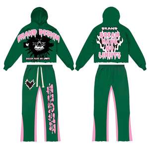 Conjunto Deportivo de 2 Piezas para Hombre, 100% Algodón, Felpa, Diseño de Parches, Pantalones Acampanados, Top Corto, Lavado Ácido, Antibacterial, 360g - Product Image 1