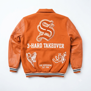 Veste de course personnalisée en laine orange avec manches en laine, patchs brodés, style Letterman universitaire, streetwear, imperméable - Product Image 2