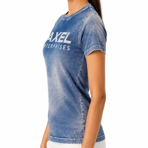 T-shirt femme délavé à manches courtes, col rond, bleu délavé, style vintage, design moderne, tenue décontractée - Product Image 3