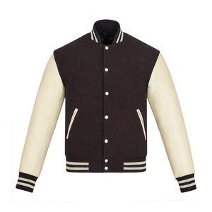 Blouson universitaire en mélange de laine pour homme, noir et crème, col montant, boutonnage frontal, style preppy, coupe classique, pour l'automne - Product Image 2