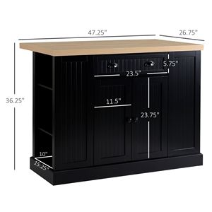 Tavolo da Cucina Moderno Nero Autoportante con Isola, Ripiani Regolabili, Cassetto e Vano Portaoggetti, Realizzato in Metallo, Acciaio, Rovere e MDF - Product Image 3