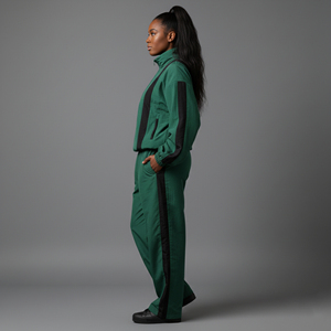 Women Green Tracksuit Set Full Length <b>Half</b>-<b>Zip</b> <b>Jacket</b> With Side Pockets Loose Fit Casual Autumn Wear 100% Polyester Solid Color - Product Image 3
