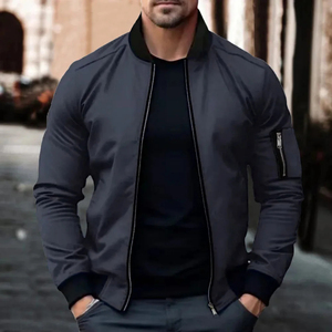 Chaqueta Bomber Azul Marino para Hombre, Corte Ajustado, Marca Mego Industry, con Cierre, Patrón Geométrico, Casual, Resistente al Viento, Transpirable, de Lona, para Otoño - Product Image 3