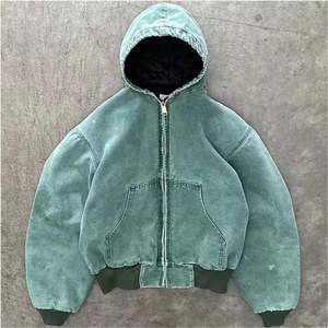 Sweat à capuche zippé personnalisé de haute qualité pour homme, effet vieilli et délavé à l'acide, style vintage, épaules tombantes, coupe courte, en polaire coupe-vent, pull en coton pour l'hiver - Product Image 3