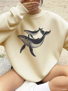 Nouveaux Sweats à Capuche pour Femmes de Qualité Supérieure, Imprimés Baleines à Dos Courbé, Polaire Chaude, Style Sportif, Col Rond, Coupe Ample, Automne - Product Image 2