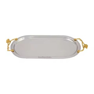 Plateau de service rectangulaire en acier inoxydable avec poignées dorées, vaisselle en métal poli, design moderne, durable, pour les fêtes - Product Image 4