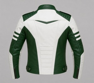 Blouson moto homme en cuir véritable vert et blanc, col montant, fermeture éclair, coupe ajustée, style automne - Product Image 4