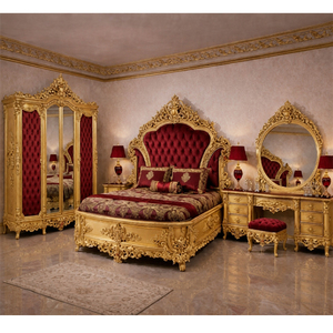 ชุดเฟอร์นิเจอร์ห้องนอนดีไซน์หรูหราสีทองรอยัล พร้อมลวดลายแกะสลัก ชุดเตียงนอนสไตล์แชมเปญโกลด์สั่งทำพิเศษ ชุดห้องนอนสไตล์หรูหราอลังการ - Product Image 1