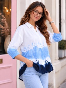 เสื้อเชิ้ตผู้หญิงผ้าป๊อปลินลายมัดย้อม แขนสามส่วน ทรงหลวม สไตล์ลำลอง สำหรับฤดูใบไม้ผลิและฤดูร้อน สีขาว-น้ำเงินไล่เฉด - Product Image 6