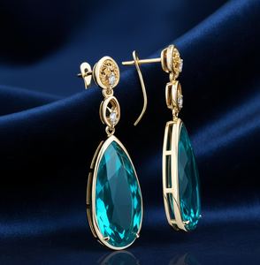 Vente en gros de boucles d'oreilles en topaze bleue hydro CZ de 5,5 pouces |   Boucles d'oreilles pendantes en argent 925 plaqué or 18 carats, bijoux fantaisie, cadeau pour elle - Product Image 6
