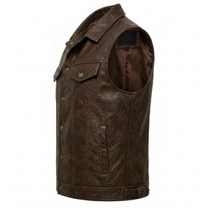 Chaleco sin mangas de cuero genuino para hombre, cuello vuelto, cierre de botones, estilo motociclista, ropa exterior de otoño - Product Image 3