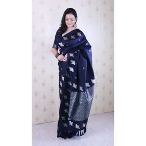 Sari de Seda Suave Azul Marino con Doble Bordado Zari y Borde de Aves para Vestidos de Cóctel, Elite Weaves 650g - Product Image 2