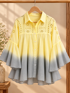 Blusa de Gasa Degradada para Mujer con Mangas con Volantes y Estilo Bohemio, Cuello Vuelto, Ajuste Holgado, Top de Primavera Verano - Product Image 5