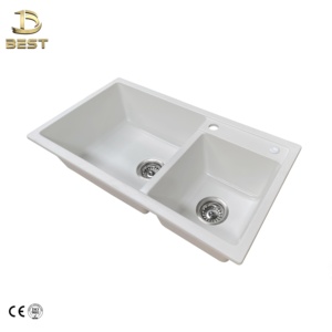 Évier de cuisine double en quartz noir de fabrication vietnamienne, épaisseur 10 mm, à encastrer, personnalisé, avec égouttoir et robinet, style moderne - Product Image 1