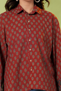 Women <b>Rust</b> Printed Shirt <b>Top</b> Ethnic Casual Button Down Ladies Tunic with Bell Sleeves - Product Image 3