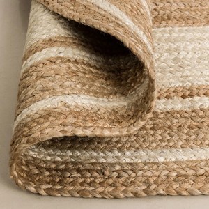 Tapis ovale tressé fait main en jute, rayé rouge et beige, style oriental, avec envers antidérapant en jute, écologique et réversible pour salon - Product Image 5