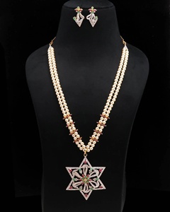 Two Layer Pearl <b>Necklace</b> Set Emerald Ruby CZ Jewelry 22K Gold Plated Bridal <b>Statement</b> <b>Necklace</b> Gift For Her - Product Image 1