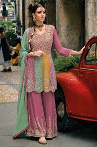 ชุดสูทผู้หญิงทรงปล่อยแบบกึ่งสำเร็จรูป ปักลายด้วยผ้าจอร์เจียตแท้ สำหรับงานแต่งงานและงานดิวาลี - Product Image 5