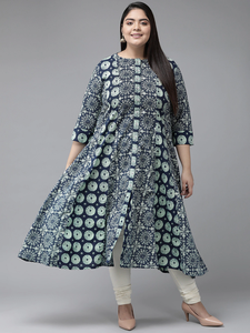 Blue Geometric Printed Cotton A LINE Kurti With Round Neck And Three Quarter Sleeves For <b>Plus</b> <b>Size</b> Women's Wear - Product Image 1
