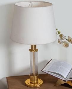 Modern Brass Table <b>Lamp</b> with White Fabric Drum Shade <b>Warm</b> Light Residential Use - Product Image 1