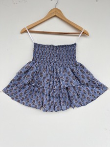 Blue Floral Printed Cotton Mini <b>Skirt</b> Women Stretch Smocked Waist Double Tier Flared Boho Vacation Casual <b>Summer</b> Wear Supplier - Product Image 4
