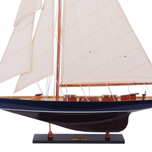 Modèle de voilier écologique artisanal en bois, bleu foncé et marron, type schooner, décoration nautique pour table et maison - Product Image 5