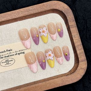 <span class=keywords><strong>Uñas</strong></span> Postizas Hechas a Mano con Diseño 2896 Estilo Oceánico Hawaiano, Patrón de Concha Púrpura Tallada, Forma Almendrada - Product Image 1