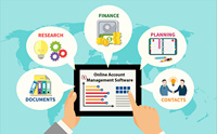 Software de gestión de cuentas en línea para documentos de investigación y contactos de planificación financiera empresarial