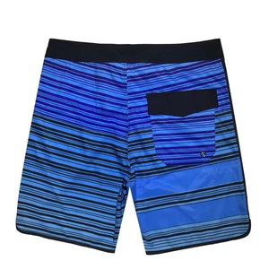 <b>Men's</b> Performance Blue Striped Board Shorts | Quick-Dry Scalloped Hem Surf <b>Trunks</b> with Black Waistband | Summer Beachwear 2026 - Product Image 2