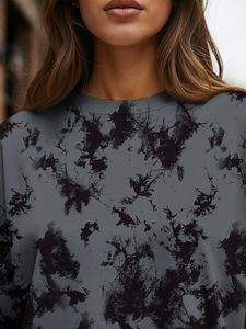 Women's <b>Long</b> <b>Sleeve</b> Crew Neck Pullover Gray <b>Black</b> Tie Dye Print Casual <b>Top</b> Full <b>Sleeve</b> Knitted Polyester Sweatshirt - Product Image 4