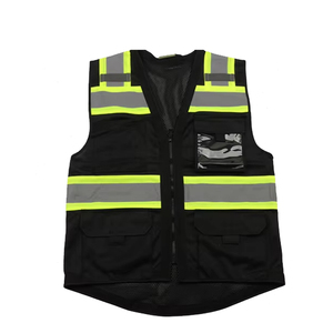 Chaleco de Seguridad de Alta Visibilidad, Negro, Poliéster, Franjas Reflectantes, Cierre Frontal, Múltiples Bolsillos, Unisex, Ropa de Trabajo - Product Image 1