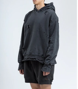 Heavyweight French Terry Drop Shoulder Distressed Hoodies Men's Clothing Acid <b>Wash</b> Vintage Distress Ripped Hooded Breathable - Product Image 6