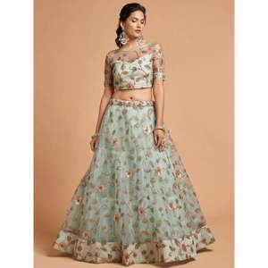 <b>Green</b> Embroidered <b>Net</b> Plus Size Wedding Lehenga Choli for Women - Product Image 4