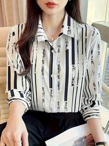 Camisa de Mujer a Rayas con Botones, Manga Tres Cuartos, Cuello Camisero, Blusa de Oficina, Primavera Verano, Corte Regular, Popelina Estampada - Product Image 2
