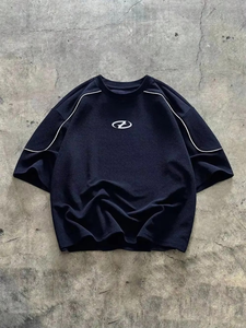 <b>Light</b> Blue Men's Short Sleeve O-Neck Knitted T-Shirt Front Logo Quick Dry Eco-Friendly Streetwear Drop-Shoulder Custom Logo - Product Image 2