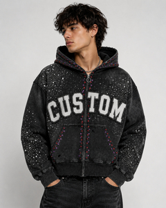 Sweat à capuche zippé personnalisé pour homme, coupe oversize courte, orné de strass, style streetwear - Product Image 6