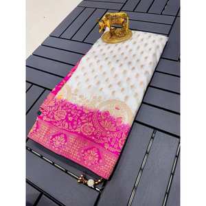 Sari de Seda Banarasi Suave de Moda, Tejido a Mano, con Blusa Sin Coser, Color Blanco - Product Image 1