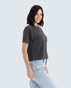 Haut court noir à col rond pour femme, manches courtes, coupe ample, couleur unie, décontracté, printemps-été, tissu jersey 100% coton - Product Image 3