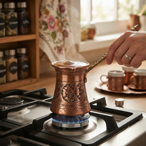 Cezve turque en cuivre à finition antique, gravée avec un médaillon ottoman, pour cuisinière, style grec Briki, avec longue poignée métallique décorative - Product Image 4