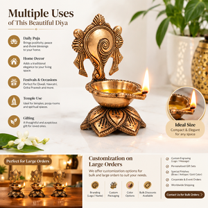 Lampe à huile Diya artisanale en laiton avec plaque décorative, Deepak traditionnel pour la Puja, décoration de temple domestique, cadeau de Diwali, vente en gros - Product Image 2