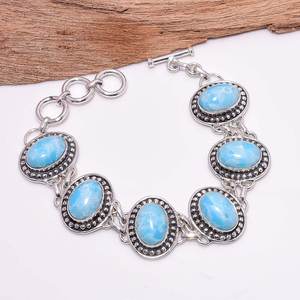 Larimar Oval <b>Stone</b> Bracelet Blue Boho Bracelet Silver Statement Jewelry Handmade Gemstone Gift For Her - Product Image 1