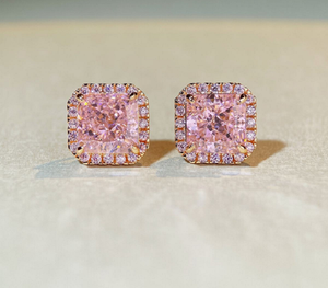 Pink Moissanite <b>Stud</b> Earrings 10K Solid Gold Princess Cut Claw Setting Halo Earrings for Women Wedding Gift - Product Image 1