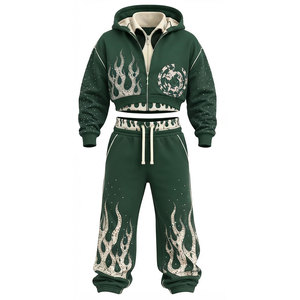 Men Green Flame Silk Screen Print Tracksuit Set 100% Cotton Full Length Zipper 450 Gsm <b>Cropped</b> Hoodie <b>Jogger</b> Casual Loose Fit - Product Image 6