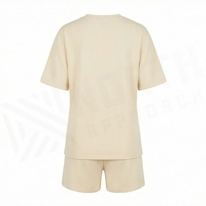 2 Piece High Quality Formal Solid Above Knee Home Wear Suit Short Sleeve T Shirt and Shorts <b>Twin</b> <b>Set</b> for Women - Product Image 2