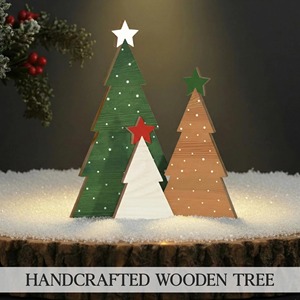 Wooden Christmas <b>Tree</b> Set Green Brown Natural With Stars <b>Standing</b> Indoor Decor Pine <b>Tree</b> Shape Holiday Decoration From India - Product Image 4